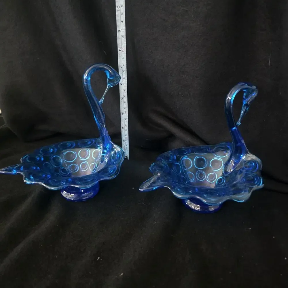 Vintage MCM Cobalt Blue Glass Swan Planters Coin Dot Pedestal Art Glass Pair